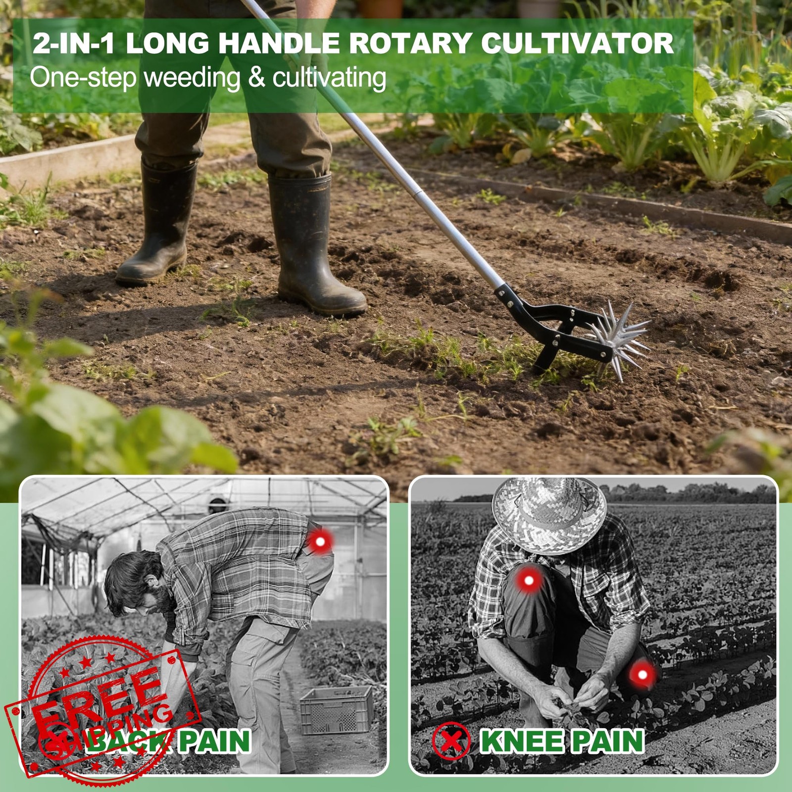 YEELOR Garden Rotary Cultivator 67-Inch Adjustable Handle Weeding Tilling Tool