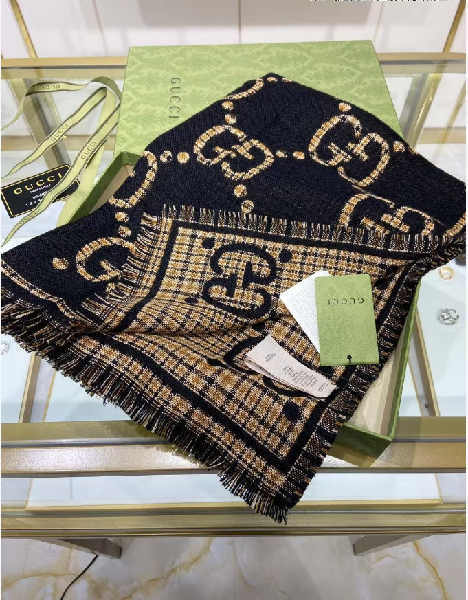 SCARF GUCCI SCARF SHAWL AUTHENTIC 100% CASHMERE BLACK BEIGE CLASSIC LOGO