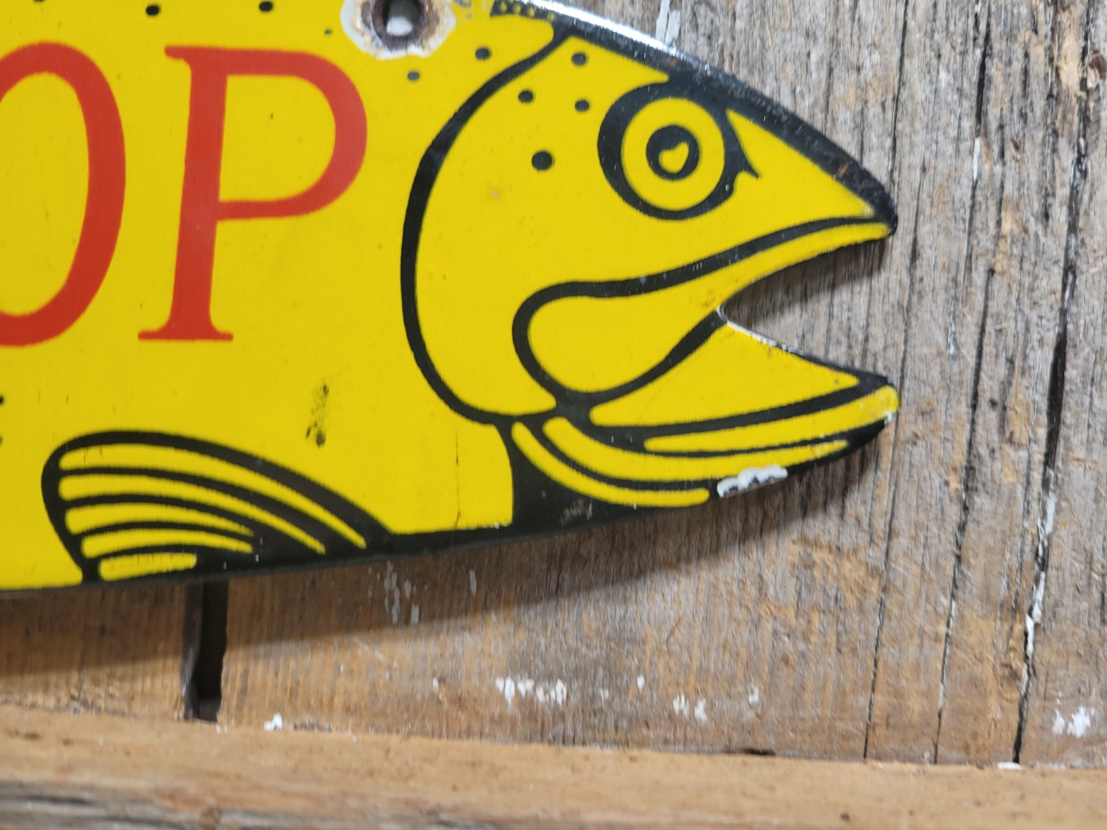 VINTAGE FISH PORCELAIN SIGN OLD FLY SHOP FARLOWS TACKLE KETCHIKAN ALASKA SALMON