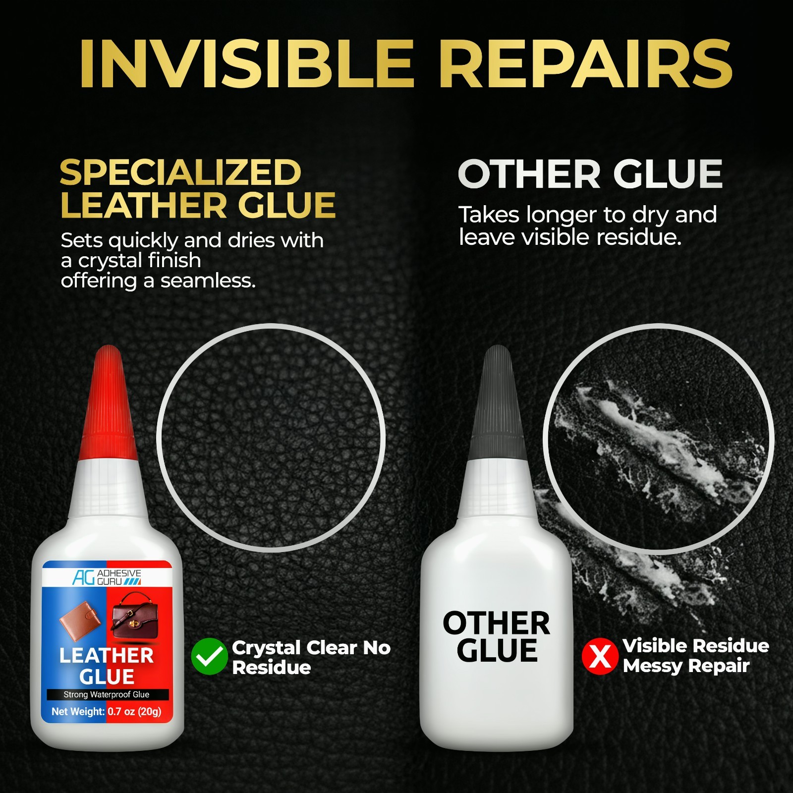 Adhesive Guru Leather Glue 150x0.7 oz Super Glue for Purses, Sofas and Furniture