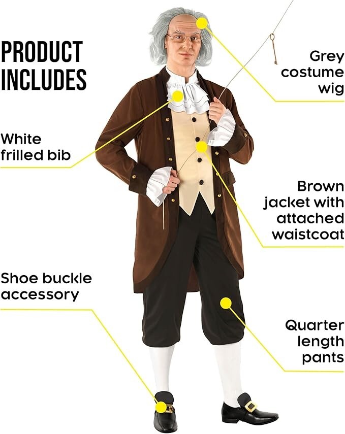 Men`s Benjamin Ben Franklin Costume + Wig Adult Founding Fathers Colonial Outfit