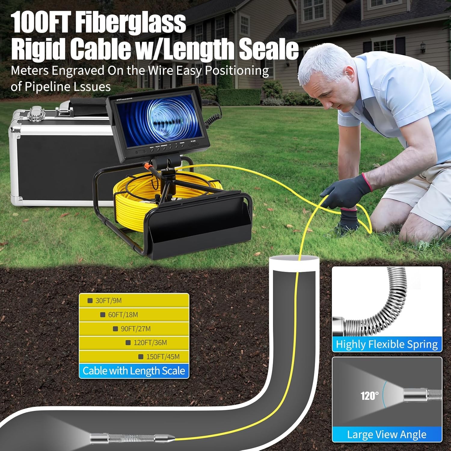 Sewer Camera 100FT/30m Self-Leveling Drain Camera with 1080P HD 9” Screen 16GB