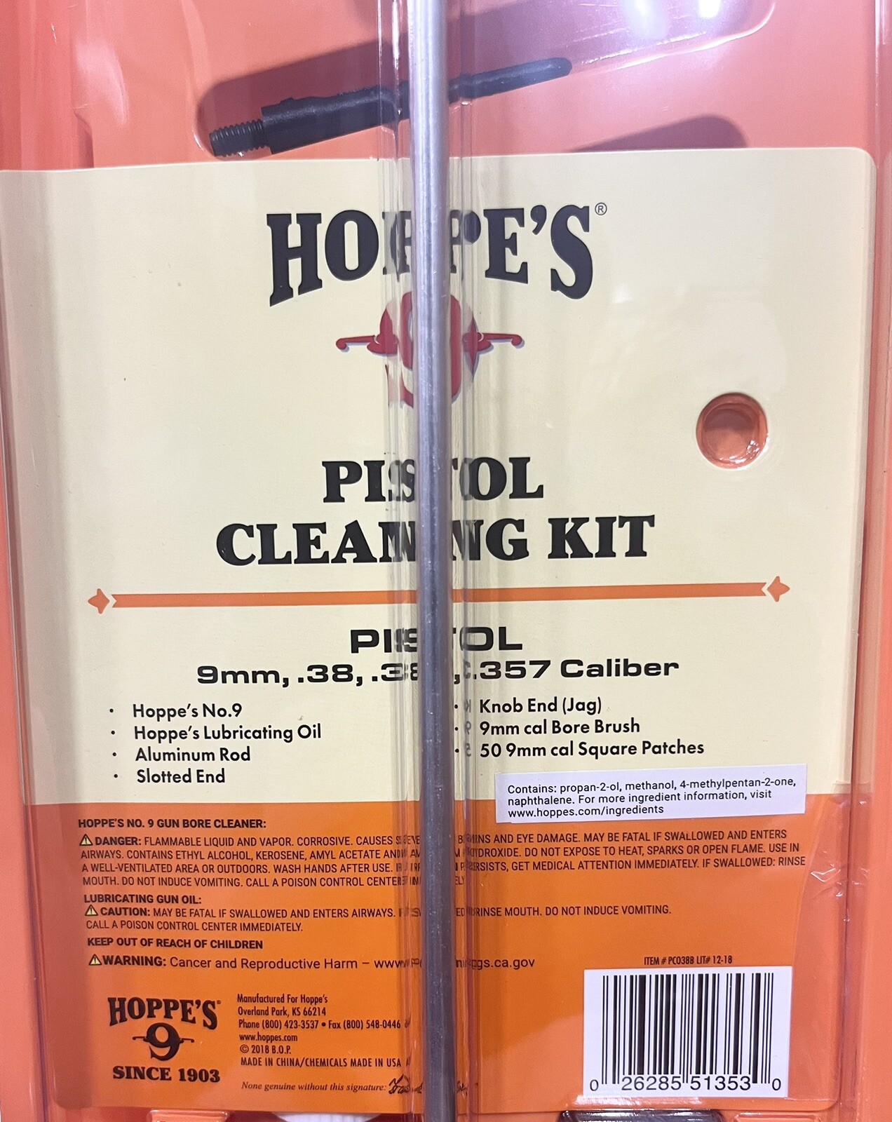 HOPPES PISTOL CLEANING KIT 9/38/380/357 (HOPPC038B) Hopes No. 9 Oil 1003