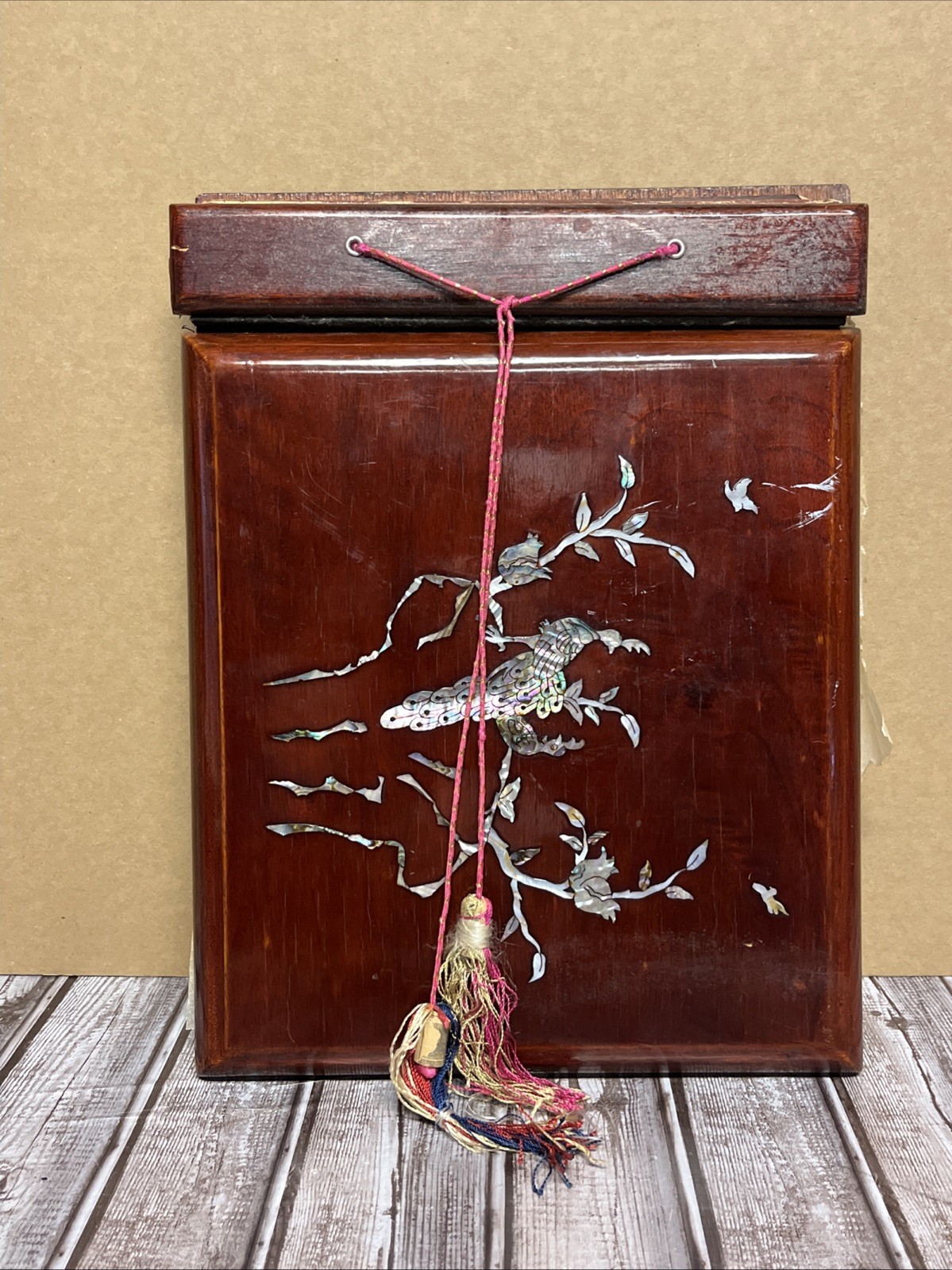 Asian Wood Inlayed Photo Album Abalone Shell Peacocks Flowers Music Book Vintage