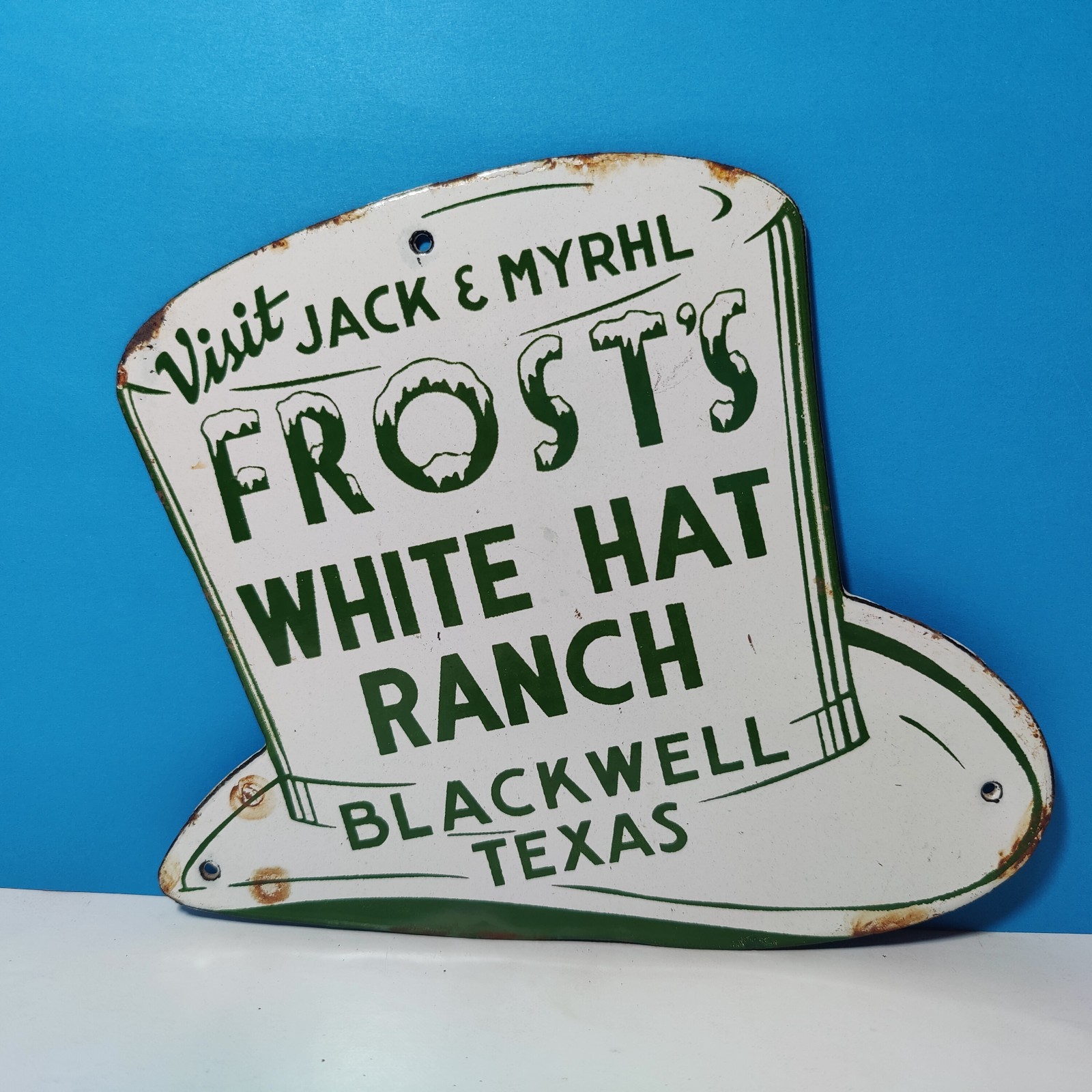 Vintage FROST'S WHITE HAT RANCH TEXAS Porcelain Enamel Sign 7" x 5" Inch
