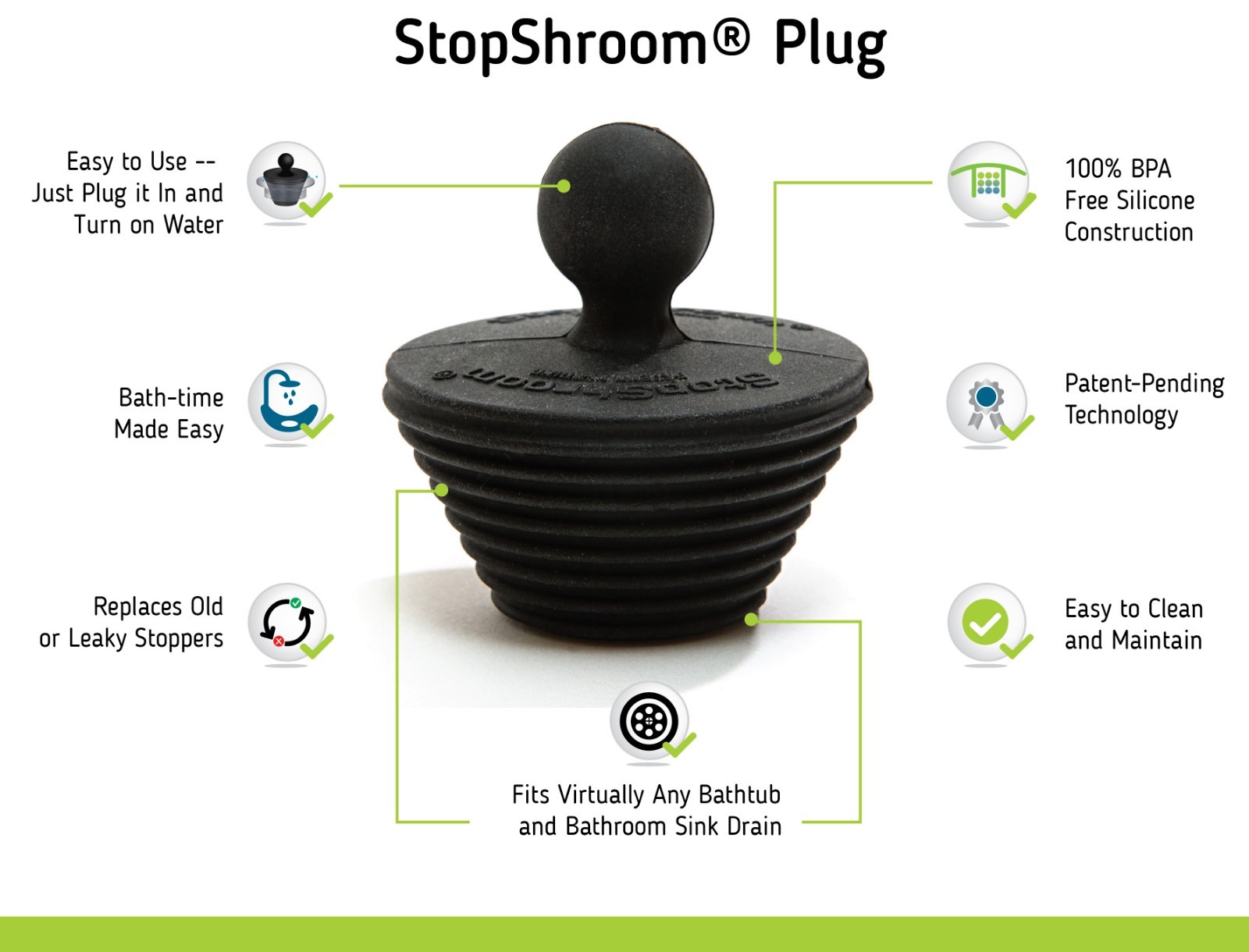 StopShroom® Universal Stopper Plug 2pk for Bathtub Bathroom Drains by TubShroom