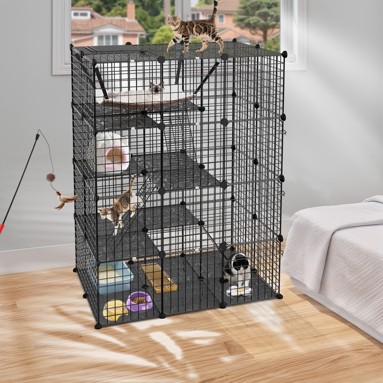 4-Tier Cat Cage DIY Enclosures Large Space Cat Crate Playpen with Hammock Black