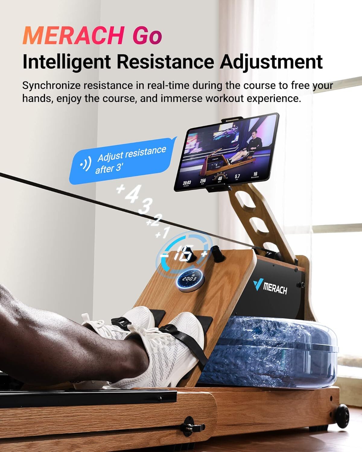 MERACH 950 Foldable Wooden Workout Rowing Machine Water Electromagnetic for Home