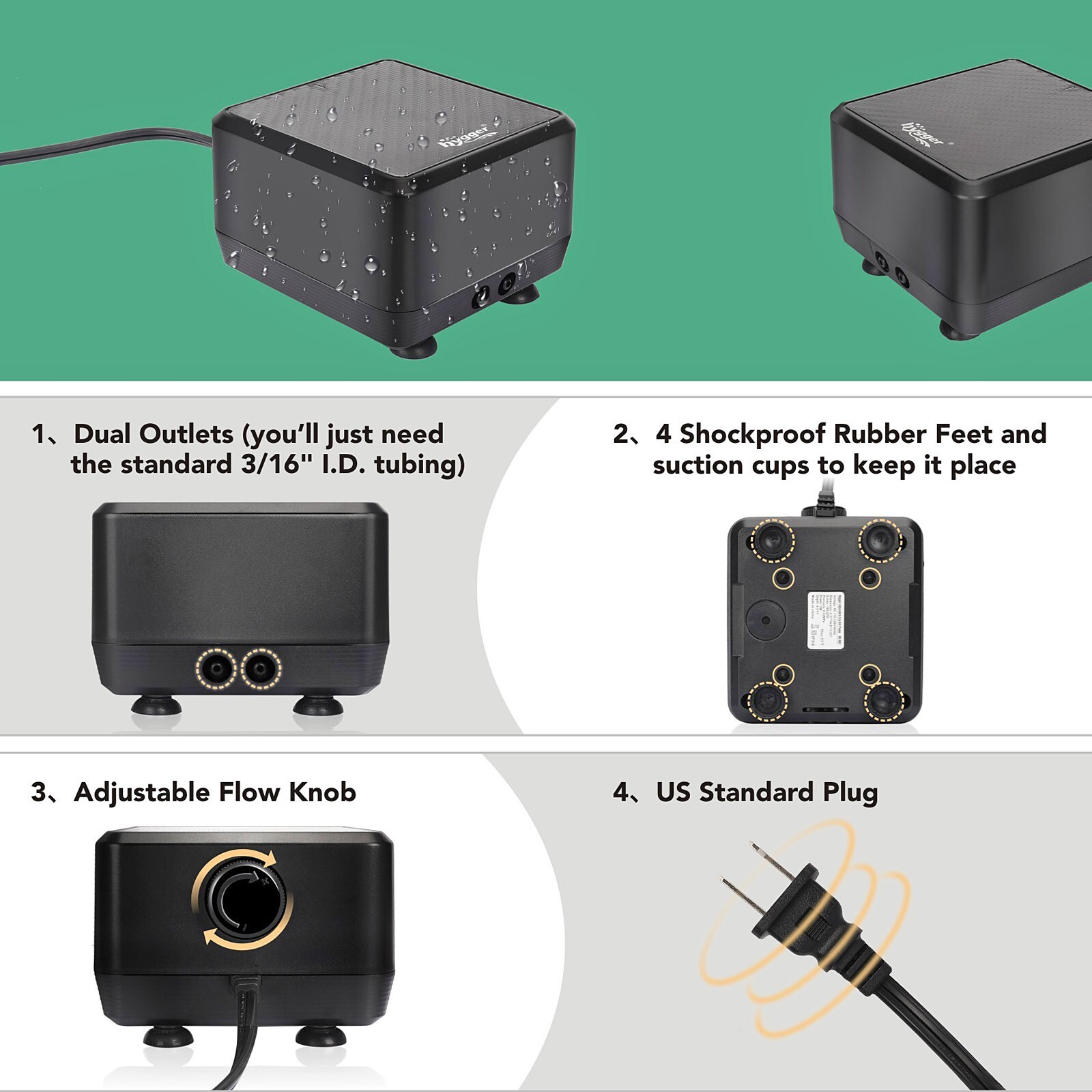 hygger Up to 600 Gal Silent Air Pump Dual Outlet Adjustable 5W/10W for Fish Tank