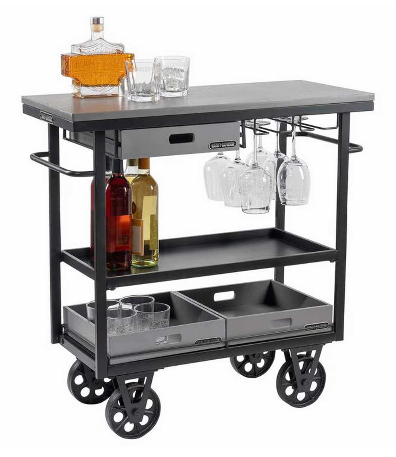 Harley-Davidson Rolling Bar Cart, Pullout Drawers & Wood Storage Bins Metal/Wood