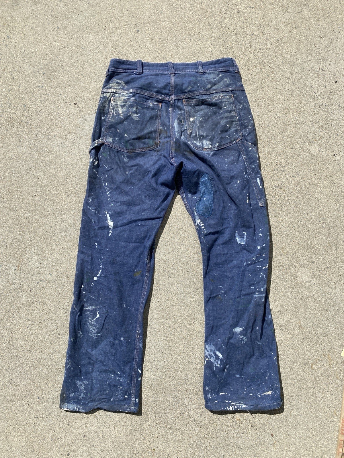 Vintage 60s Paint Splatter Carpenter Pants BLue Thrashed Repaired 32x30 Workwear