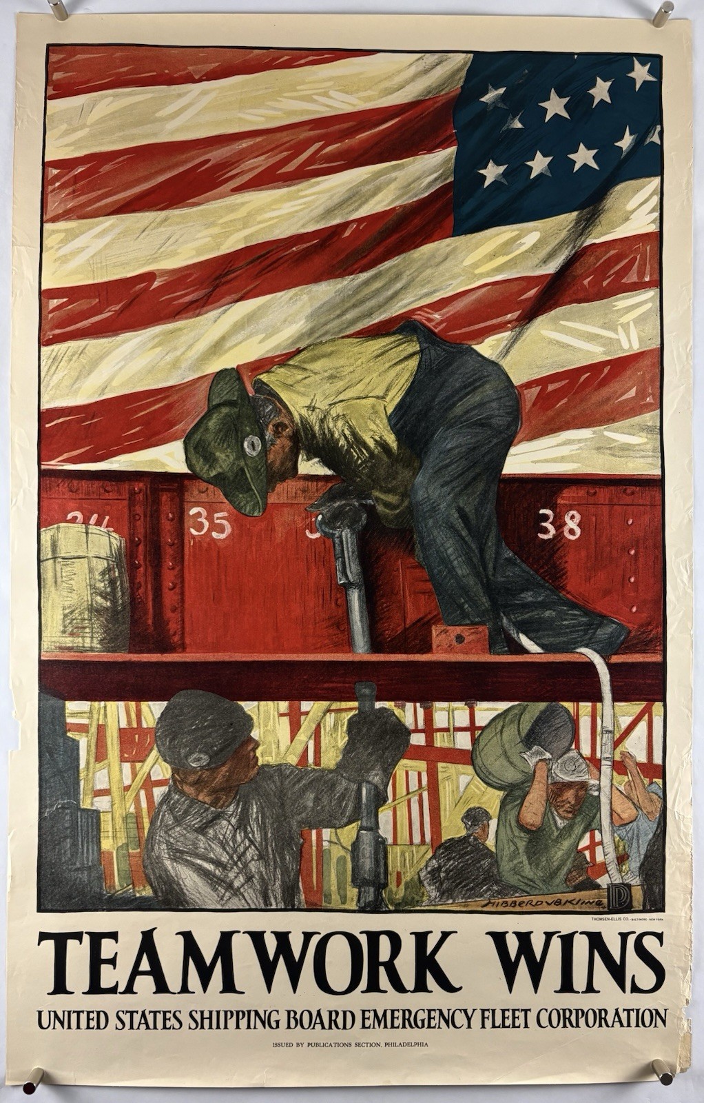 TEAMWORK WINS World War I Bond Poster (VeryGood) 1918 26 1/4”x41” WW1 Ships 001