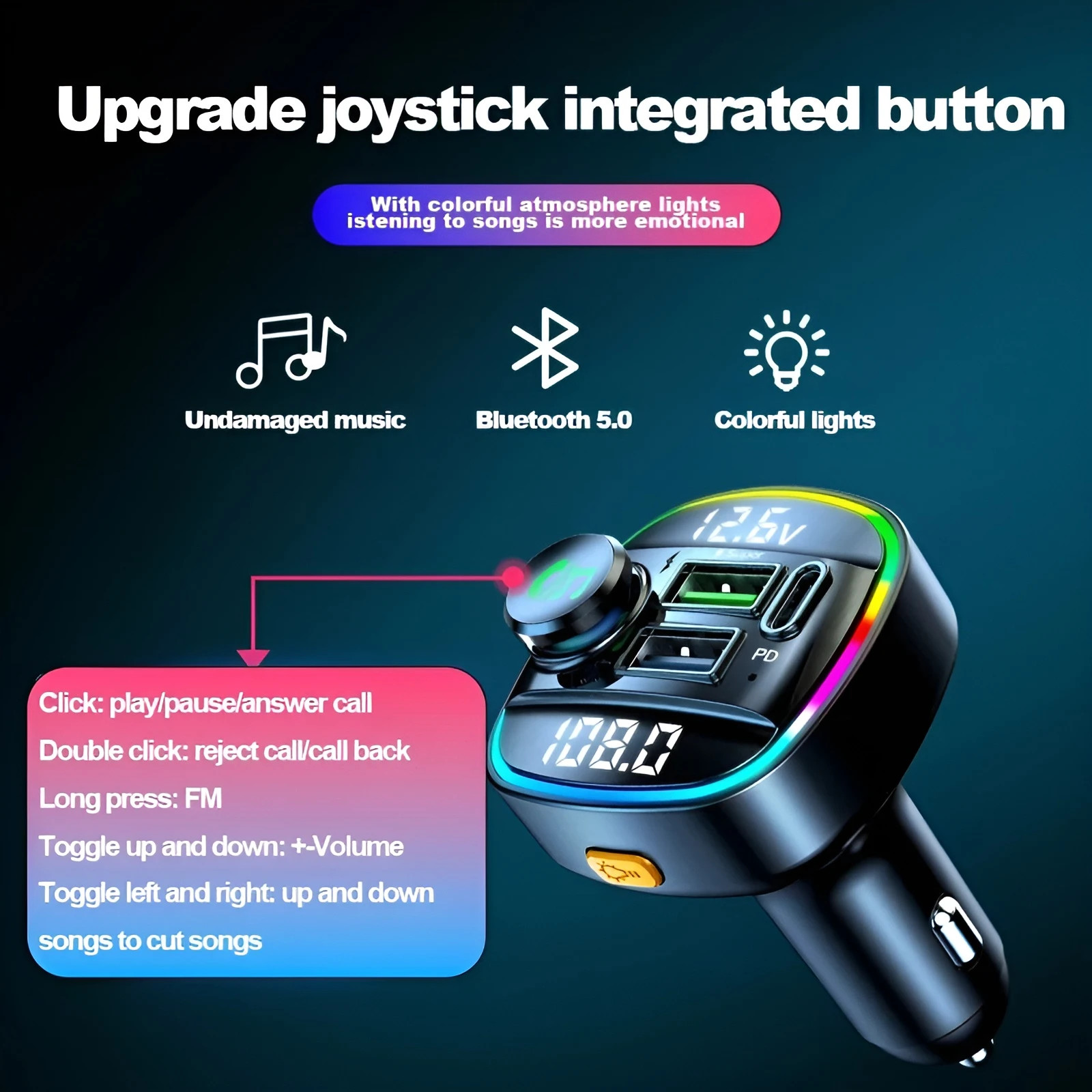 Bluetooth 5.0 Car FM Transmitter Adapter, Hands-Free, USB Charger, AUX Audio