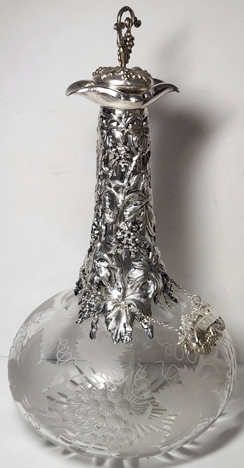 Ornate Antique Port Decanter, Silverplate Mounts, Etched Glass Bottle, Tag