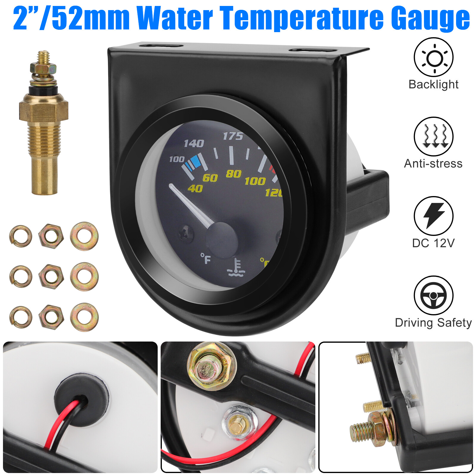 2'' 52mm Mechanical Black Pointer Water Temp Temperature Gauge + Sensor ℃ & ℉