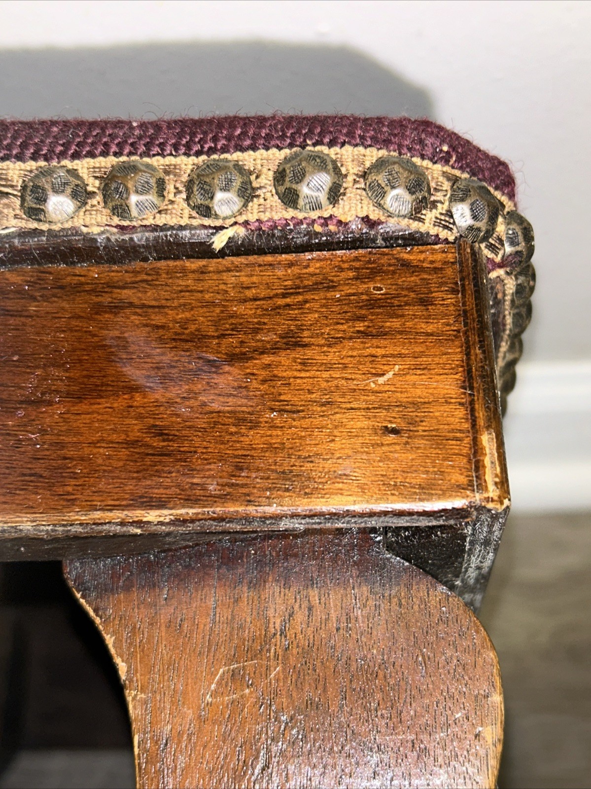 19thC Antique Victorian Stud Accents Footstool Floral Needlepoint Carved Walnut*