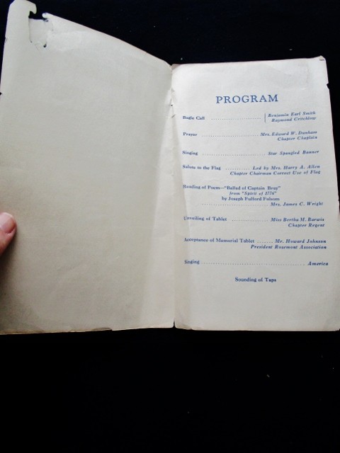 1931 Program EXERCISES UNVEILING TABLET Grave CAPTAIN DANIEL BRAY, Rosemont. NJ