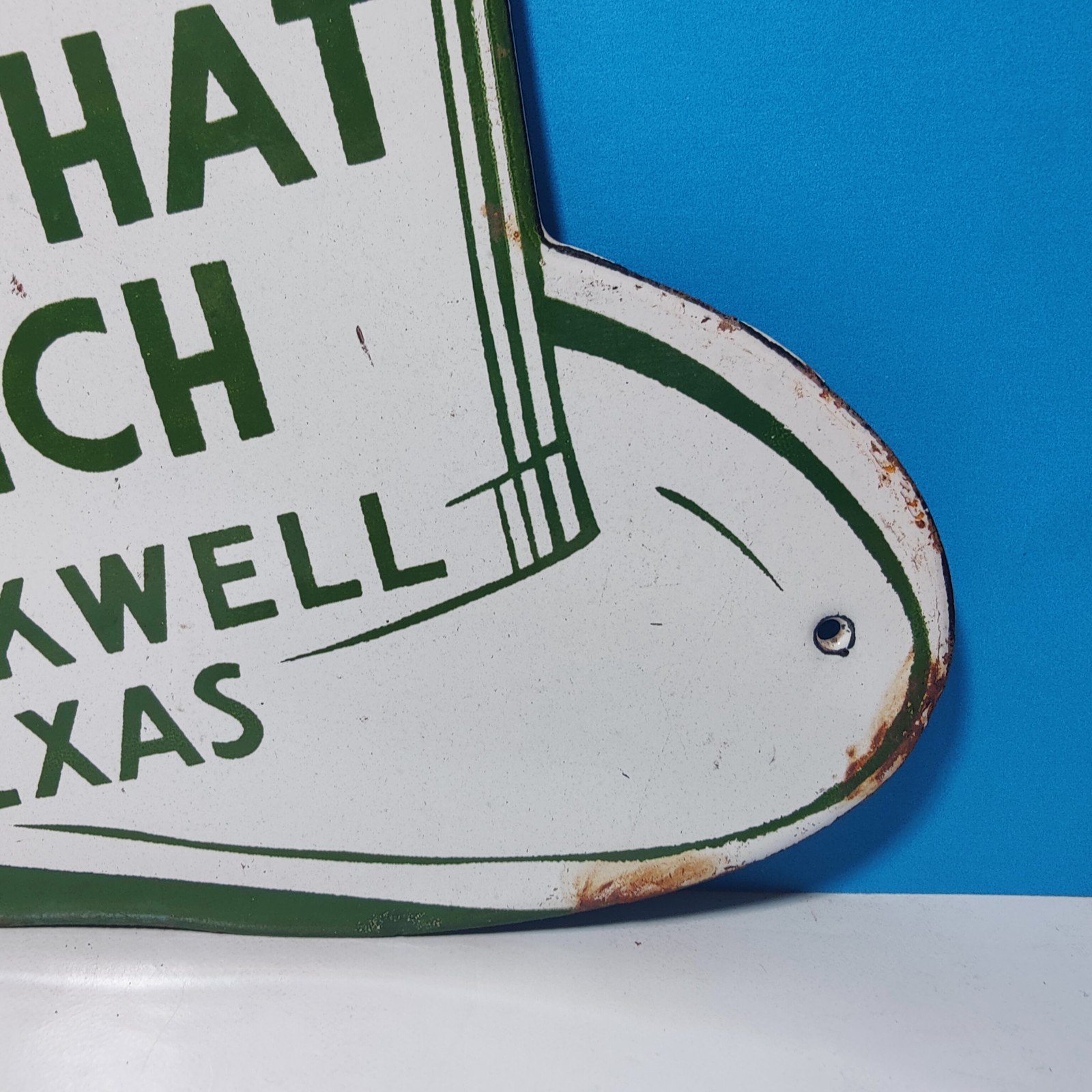 Vintage FROST'S WHITE HAT RANCH TEXAS Porcelain Enamel Sign 7" x 5" Inch