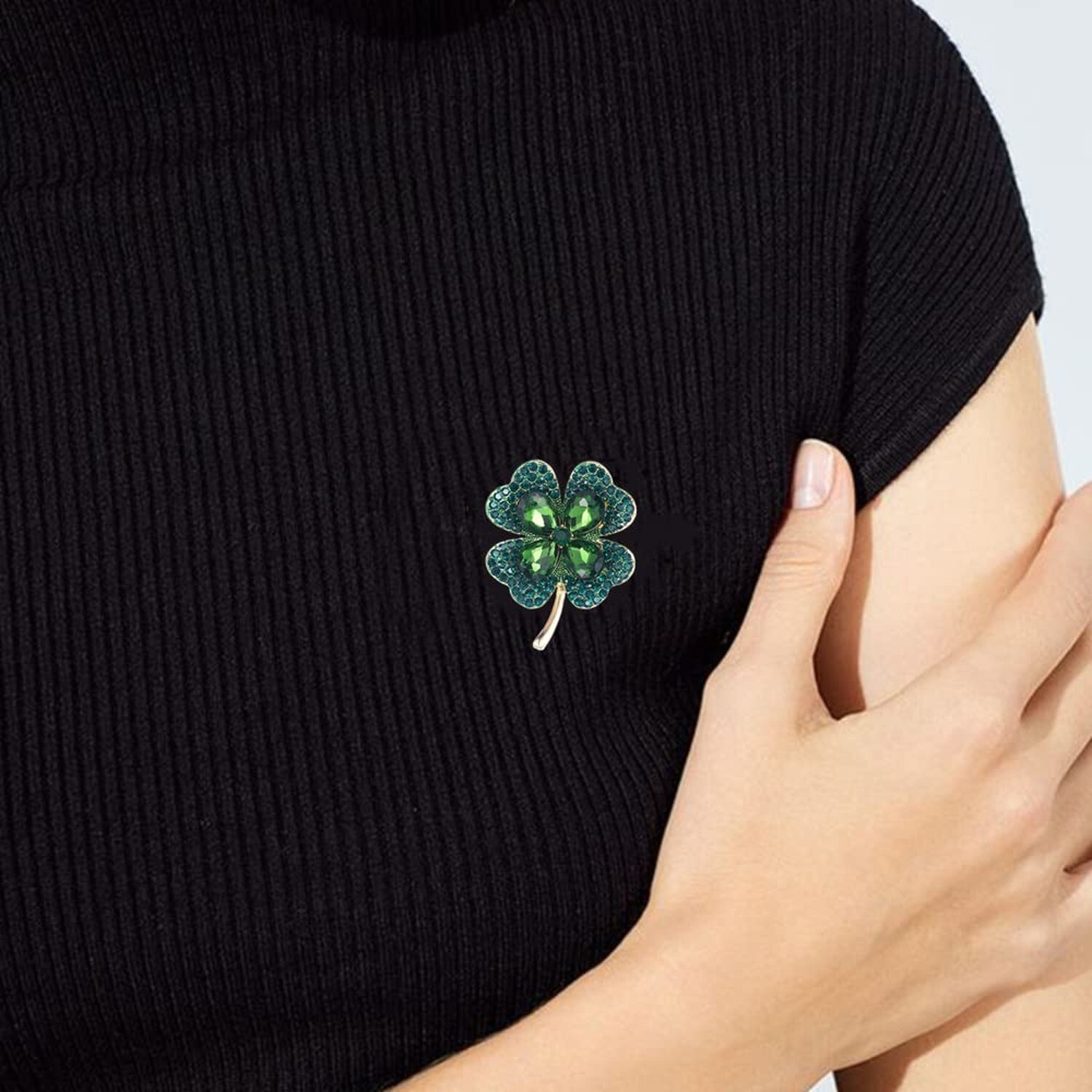 Rhinestone Green Clover Leaf Brooch Pin for Women Girls Unisex Gold Plated Vi...