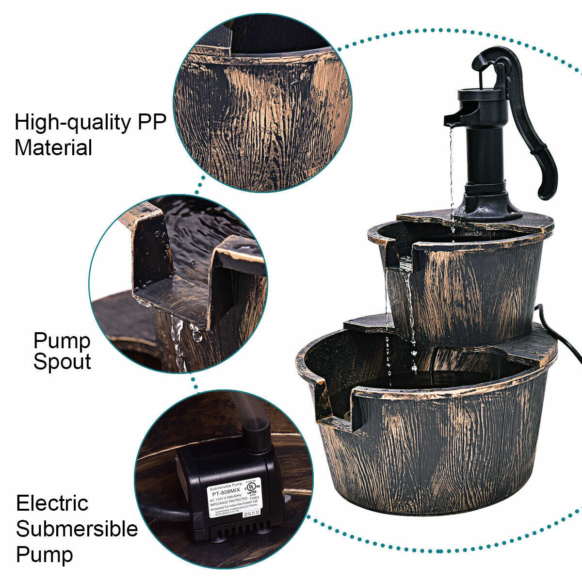 2 Tier Barrel Waterfall Fountain Barrel Water Fountain Pump Outdoor Garden
