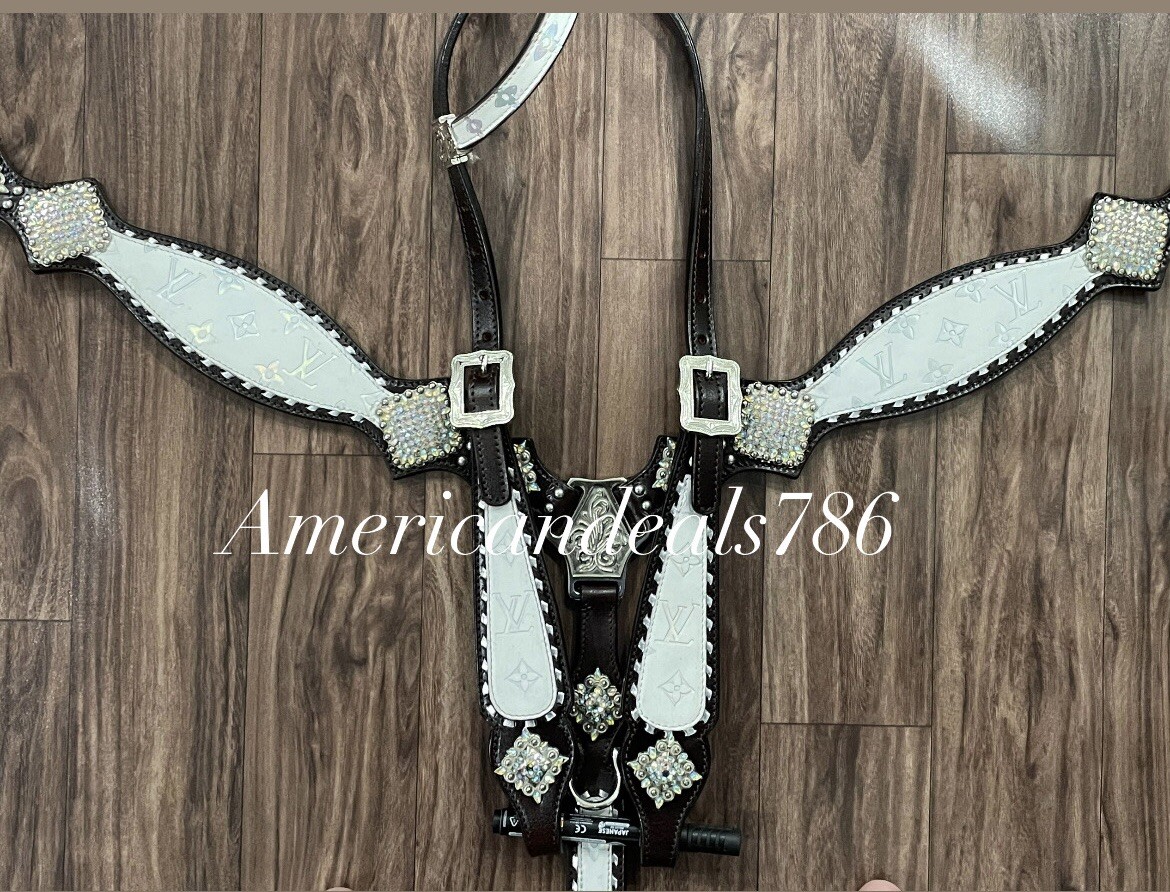 Western Brown Leather Bling Tack Set With White Reflective Leather