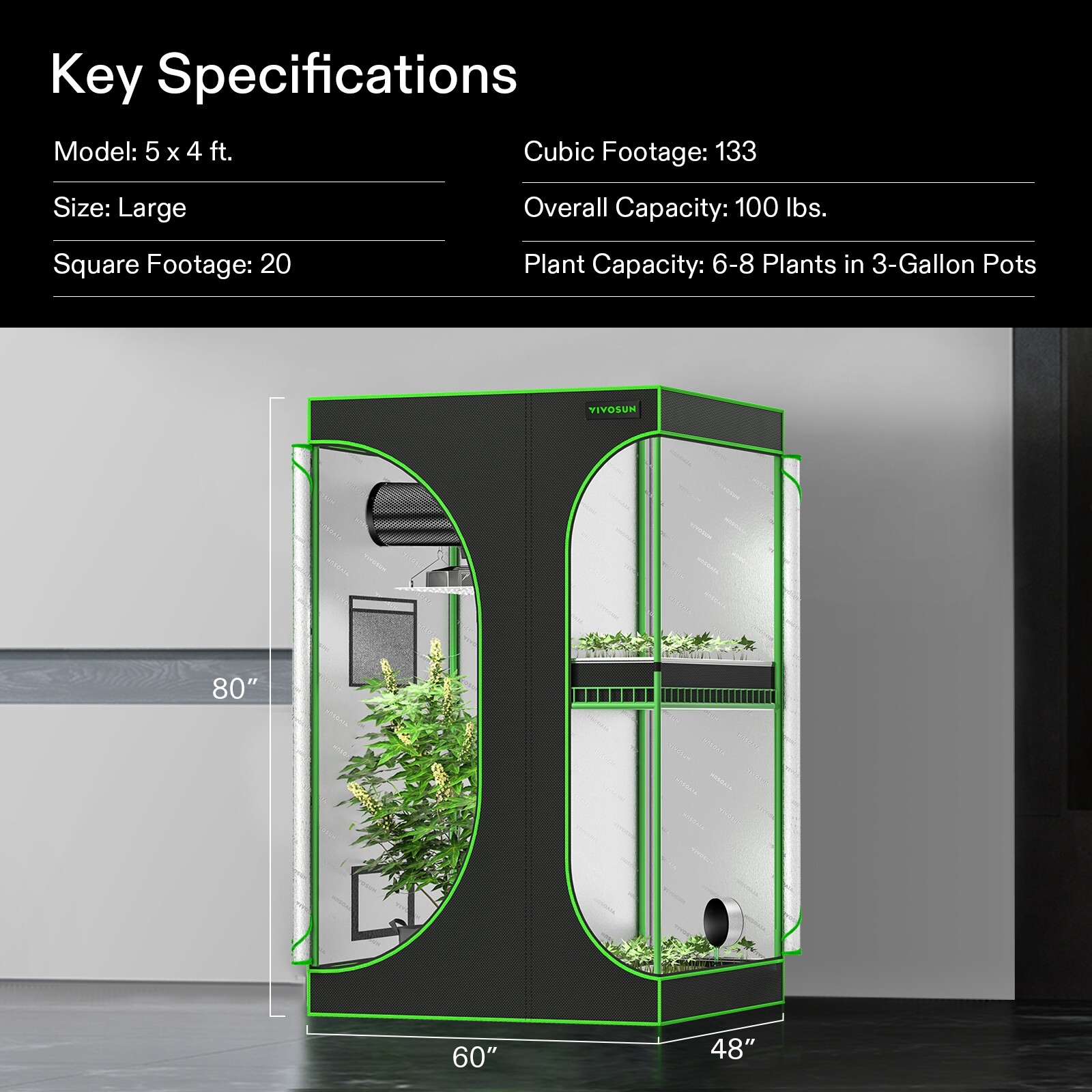 VIVOSUN 2-in-1 60”x48”x80” Mylar Reflective Grow Tent for Indoor Hydroponic Grow