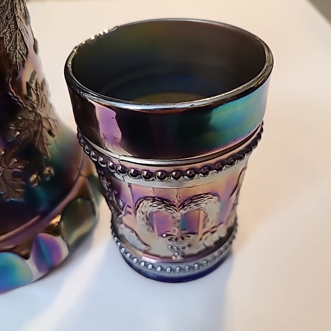 vtgNORTHWOOD CARNIVAL GLASS GRAPE & CABLE WHISKEY DECANTER & SHOT GLASS AMETHYST