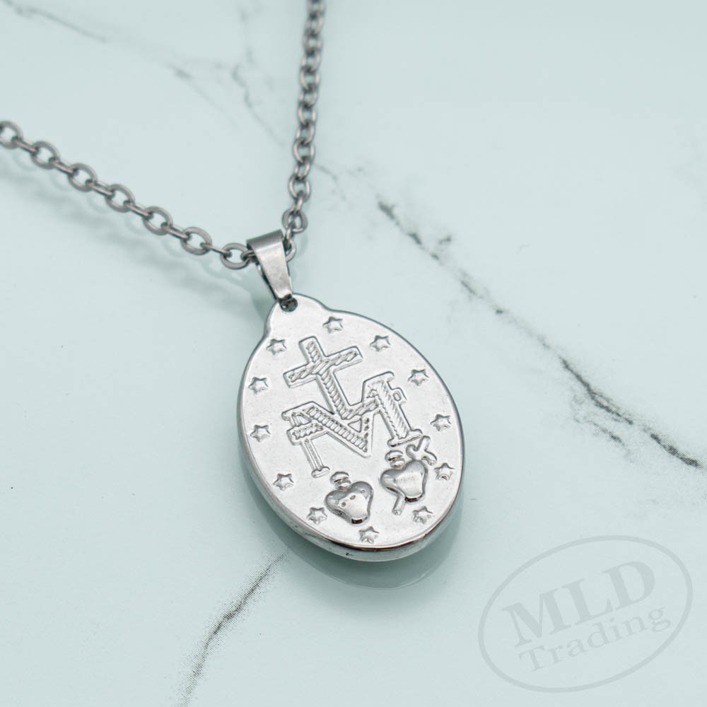 Miraculous Medal Necklace – Stainless Steel Virgin Mary Pendant – 18”+2” Chain