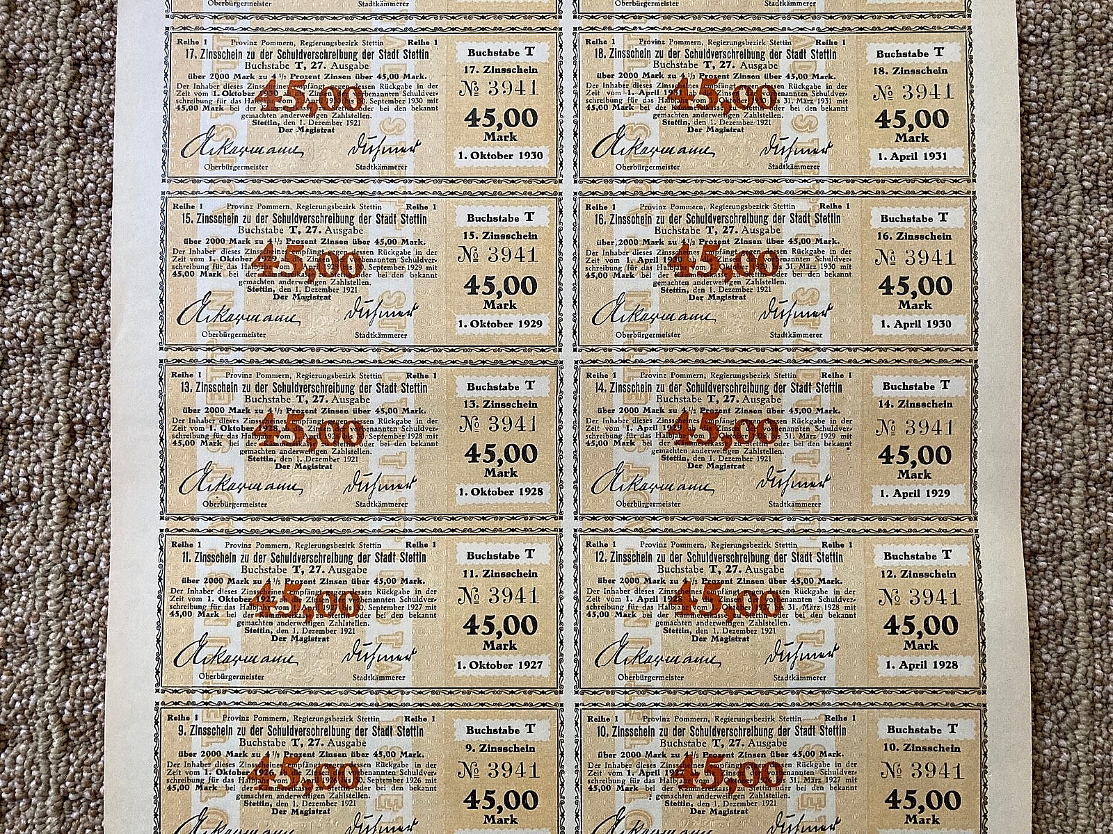 ORIGINAL - (OBSOLETE) GERMAN WEIMAR REPUBLIC BOND FOR STETTIN,GERMANY 2000 MARKS