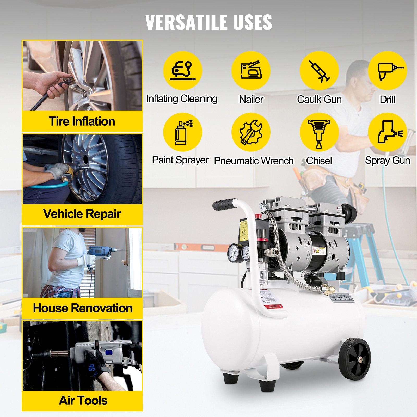 Uimoso Ultra Quiet Air Compressor 6.6 Gallon Oil Free Air Compressor 1hp 115PSI