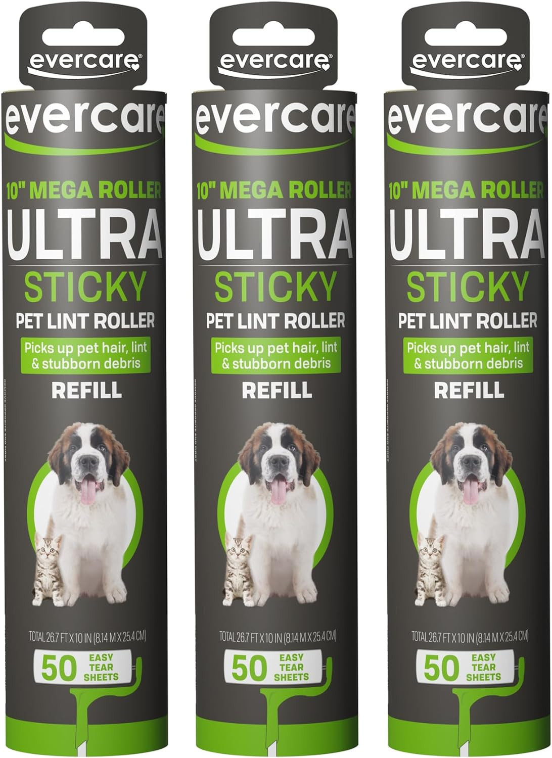 Evercare Pack of 3 All-Purpose Pet Mega Oversized Lint Roller Refills, 50 Sheets