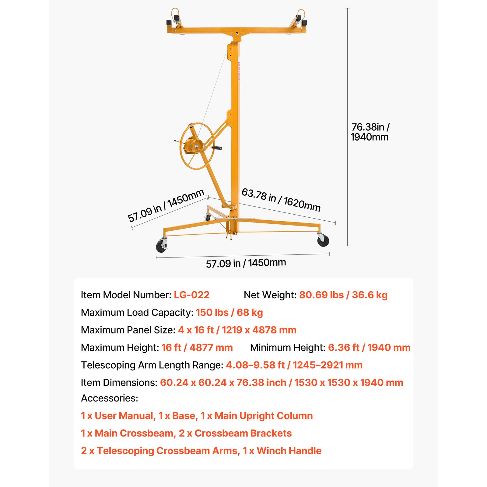 Uimoso 16Ft Drywall Lifter Sheetrock Hoist Lift Adjustable arm & Lockable Wheels
