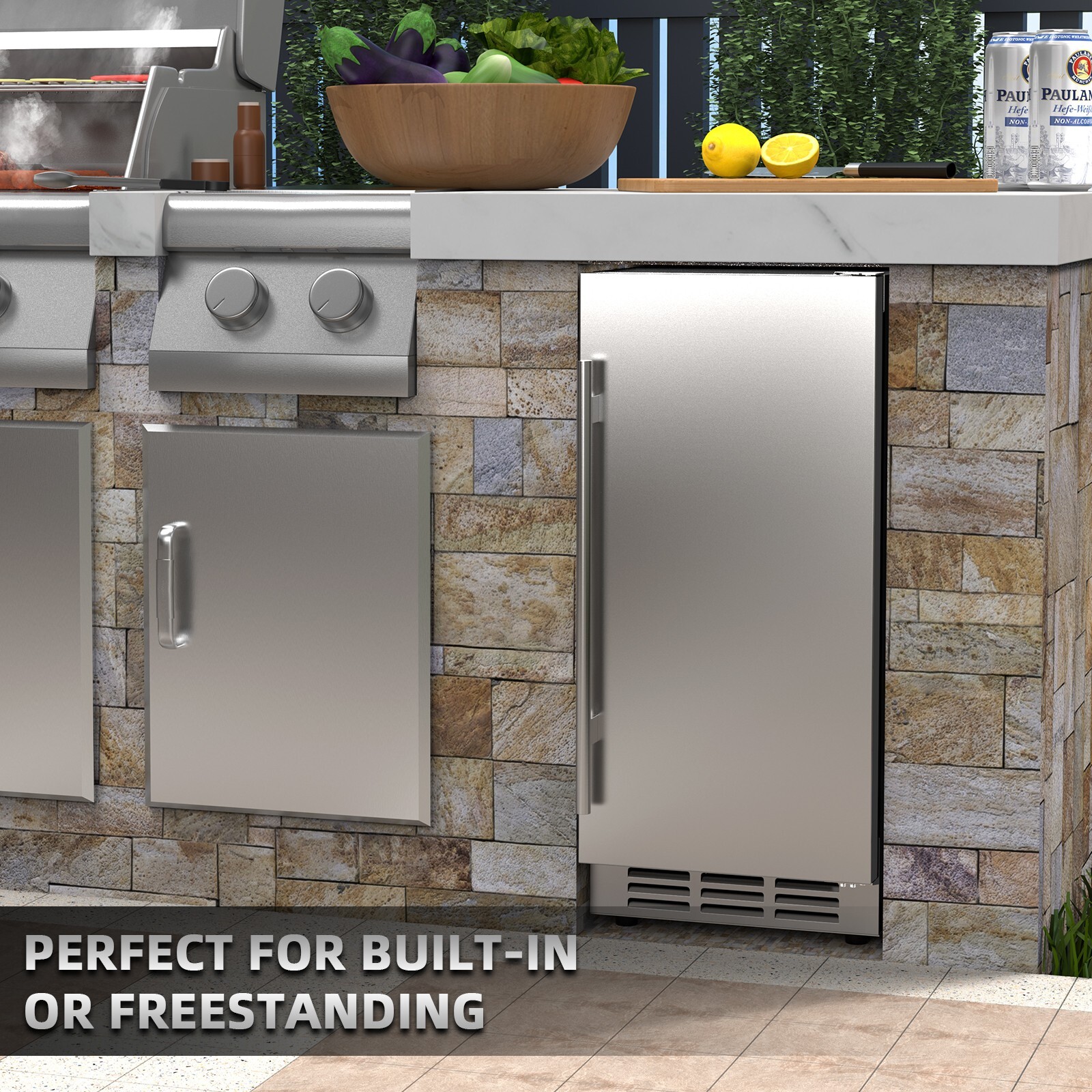 15" Outdoor Beverage Refrigerator | Weatherproof Stainless Steel Fridge 80 Cans