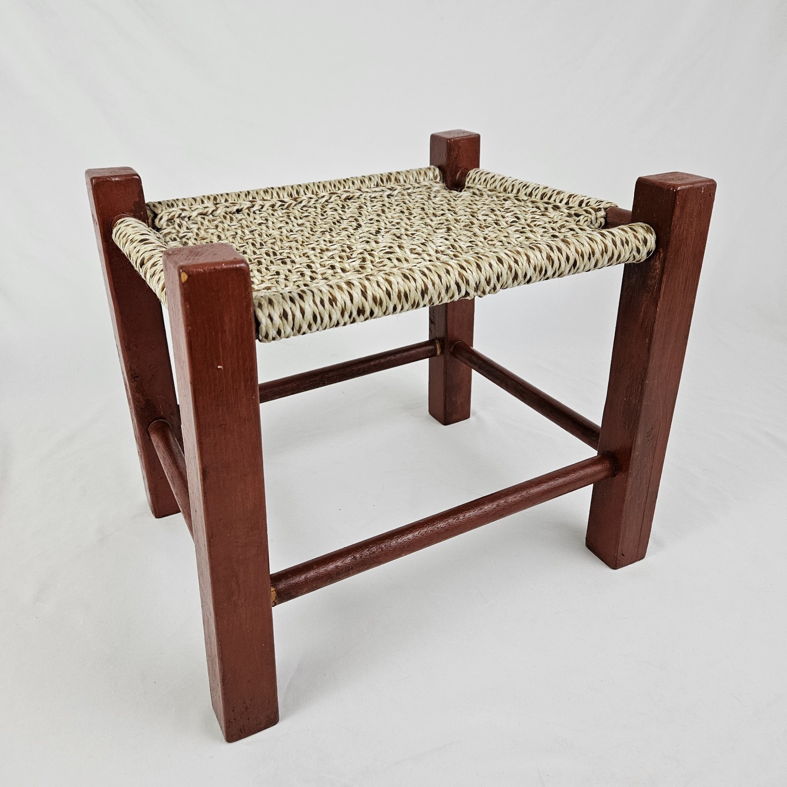 Vintage MCM Mission Footstool Stool Weaved Rope Macrame Top Arts & Crafts