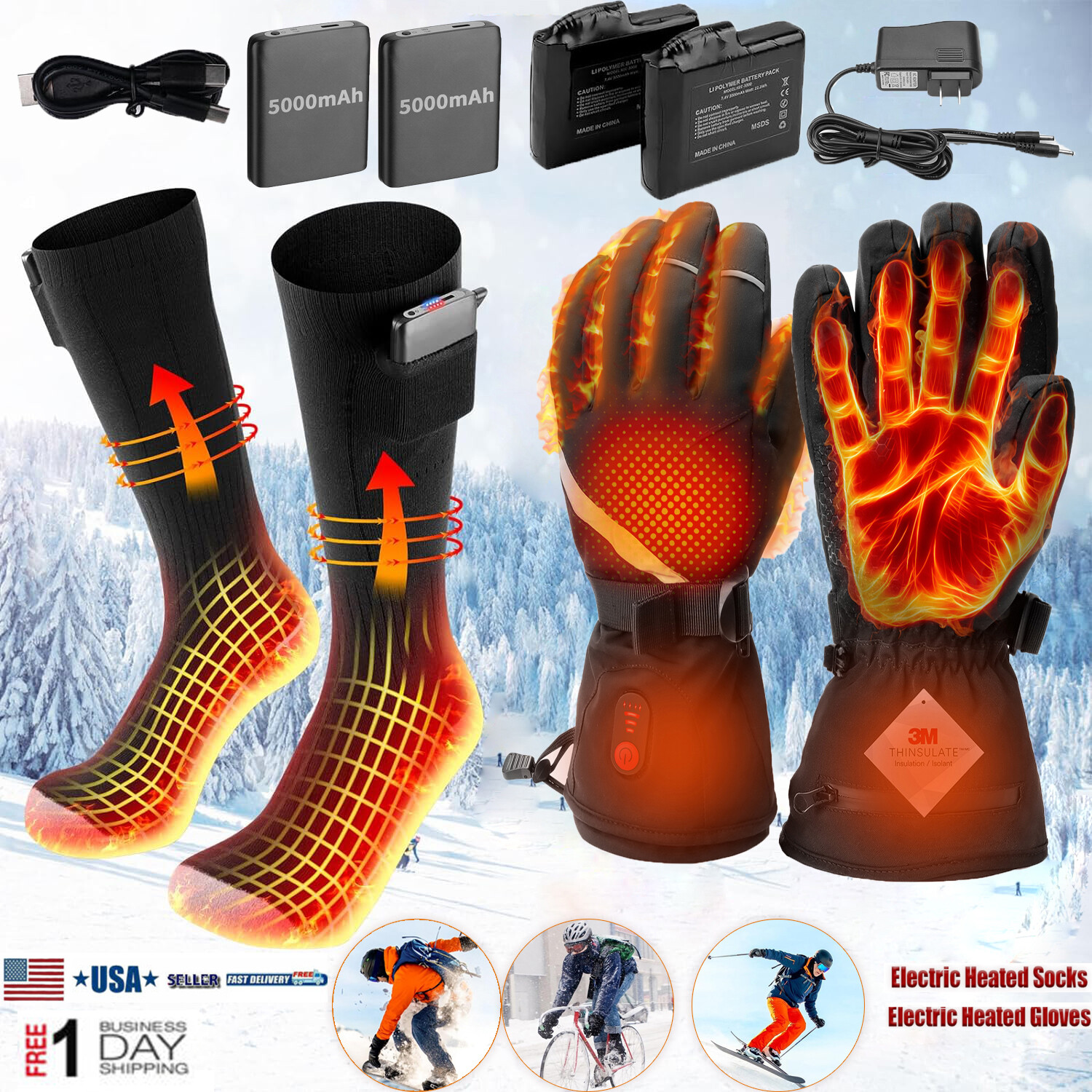 Xmas Women Men Electric Heated Sock Boot and Gloves Foot Warmer Hand Warmer Gift