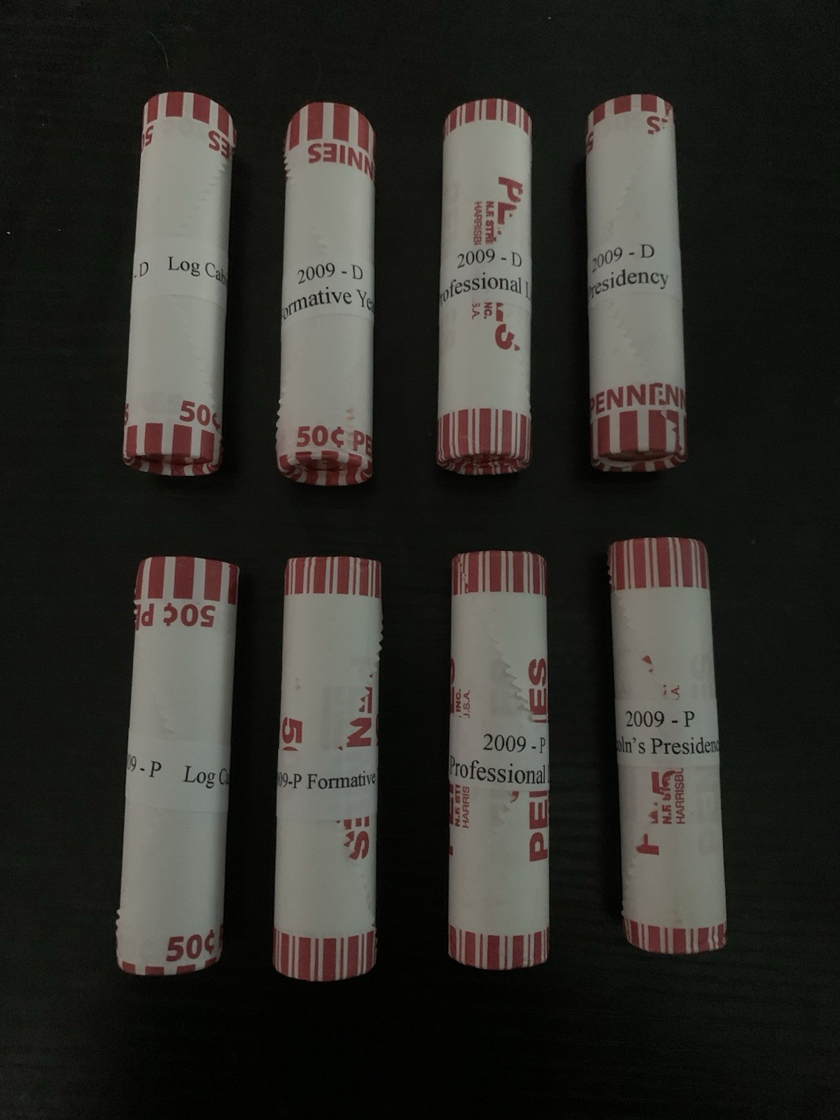 Set 2009 P & D 8 Bank Wrapped Uncirculated Lincoln Cent Rolls.