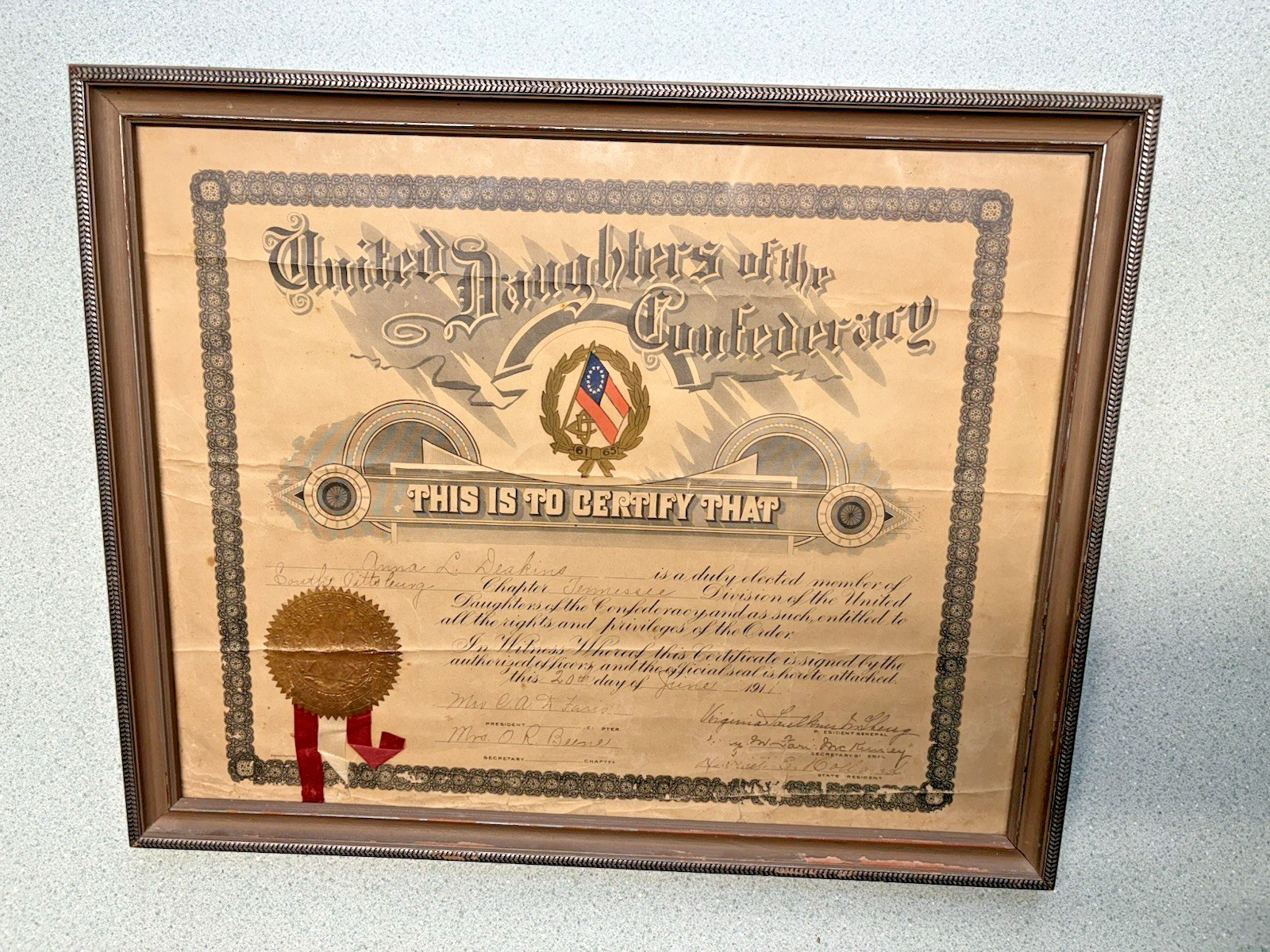 United Daughters of The Confederacy membership Tennessee History framed 1911