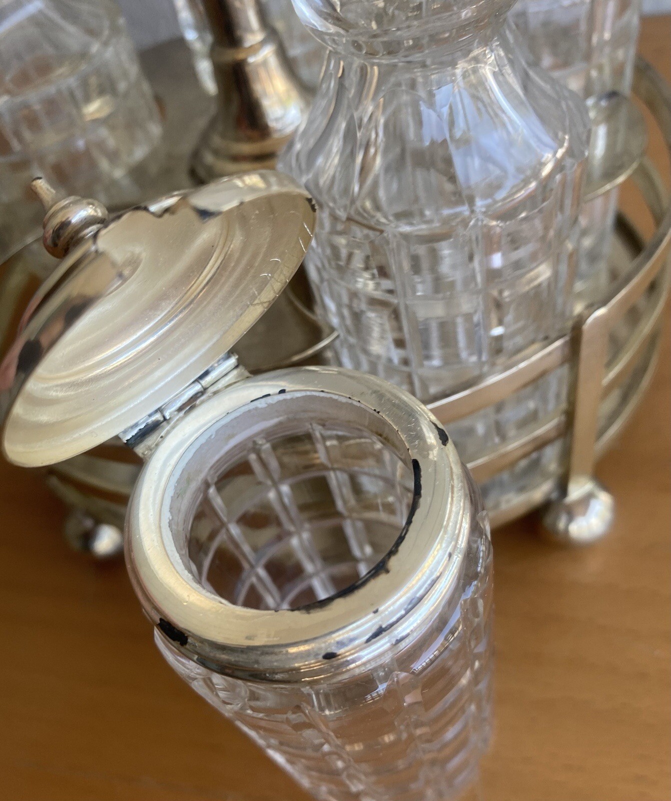 1887 Walker & Hall Victorian Silver Plate Antique Cut Crystal 6 pc Cruet Set