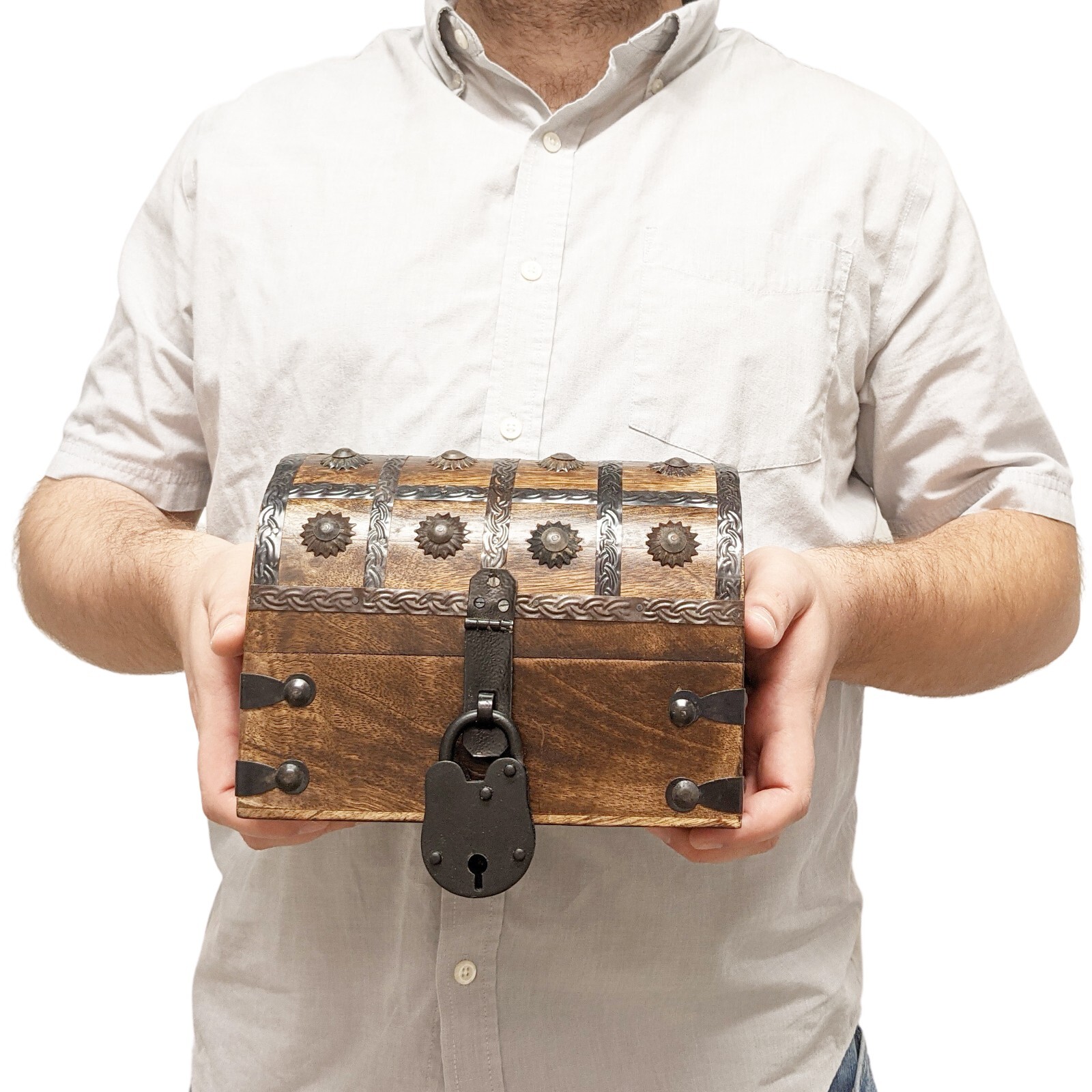 Pirate's Treasure Chest Wooden Nautical Jewelry Box with Functional Lock and Key