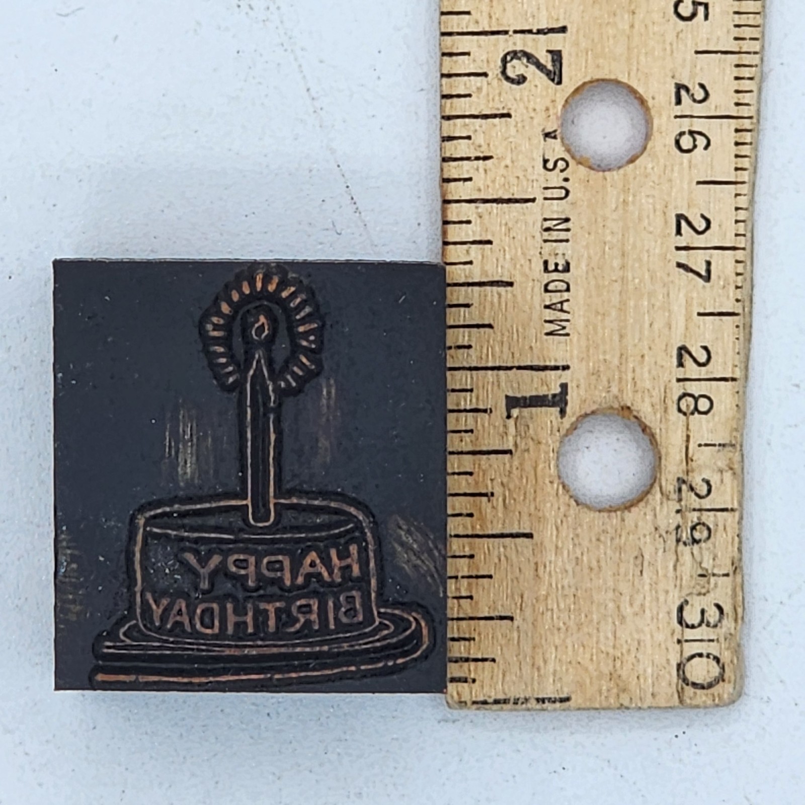 Vintage Letterpress Block "Happy Birthday" Cake and Candle