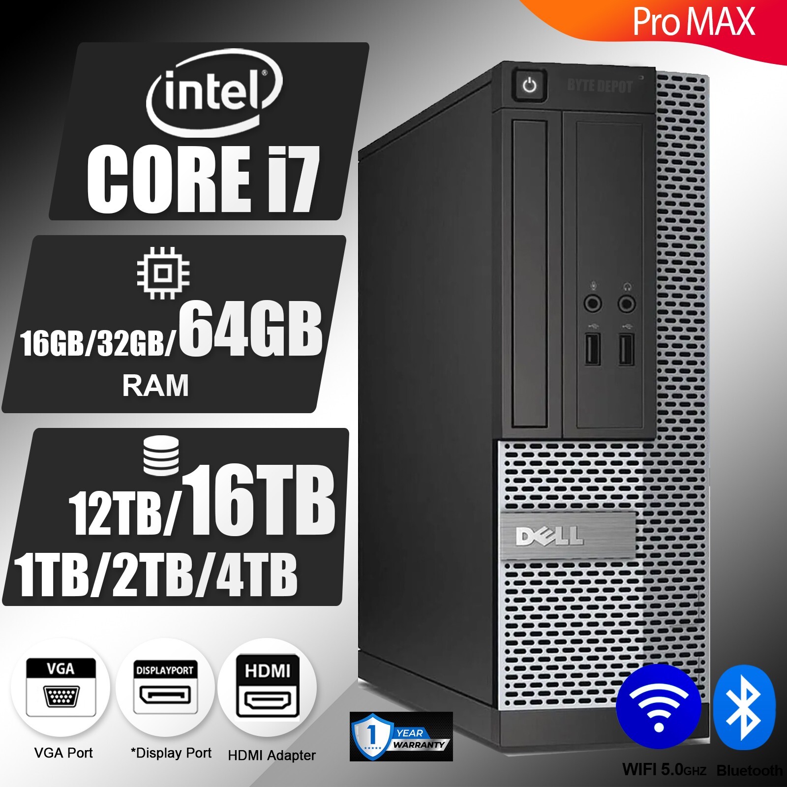 DELL Desktop Computer PC i7, up to 64GB RAM 16TB SSD/HDD, Windows 10/11, WiFi BT
