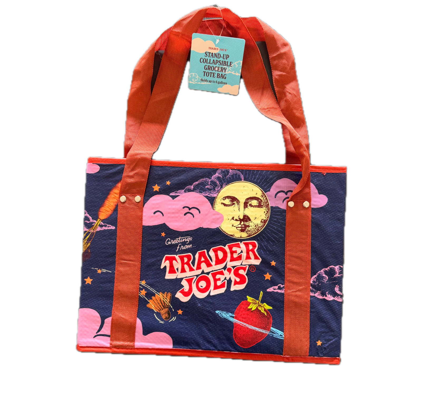 NEW TRADER JOE'S STAND UP COLLAPSIBLE TOTE GROCERY BAG. STURDY AND STORABLE