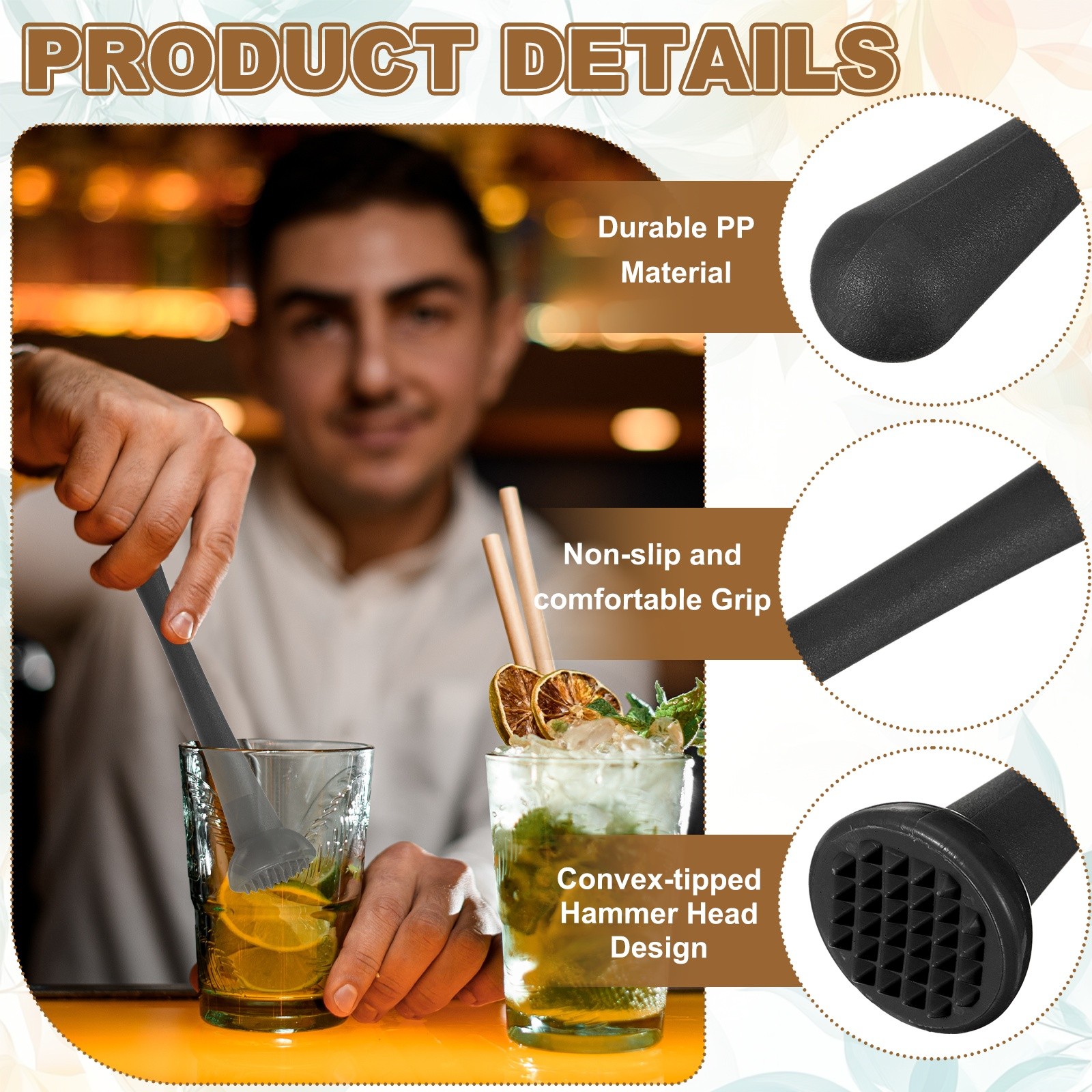 Cocktail Muddler, 8 Inch PP Drink Muddler, Black (Thin)