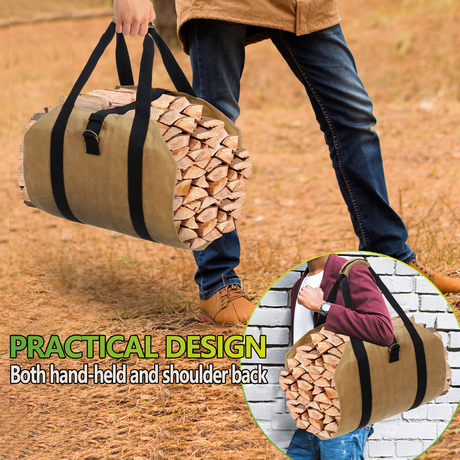 Firewood Log Carrier Bag Waxed Canvas Outdoor Log Tote Bags Camping with Strap