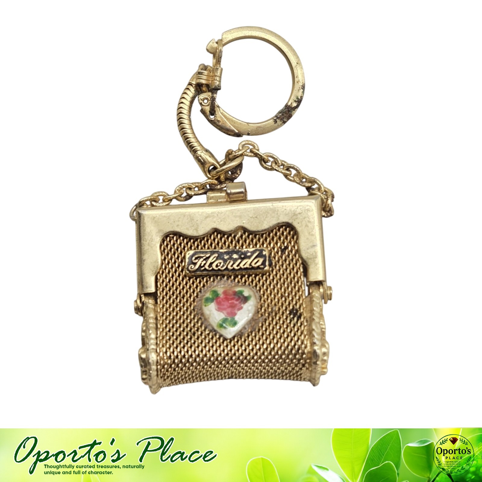 Vintage Florida State Souvenir Mini Mesh Coin Purse Keychain Goldtone Metal