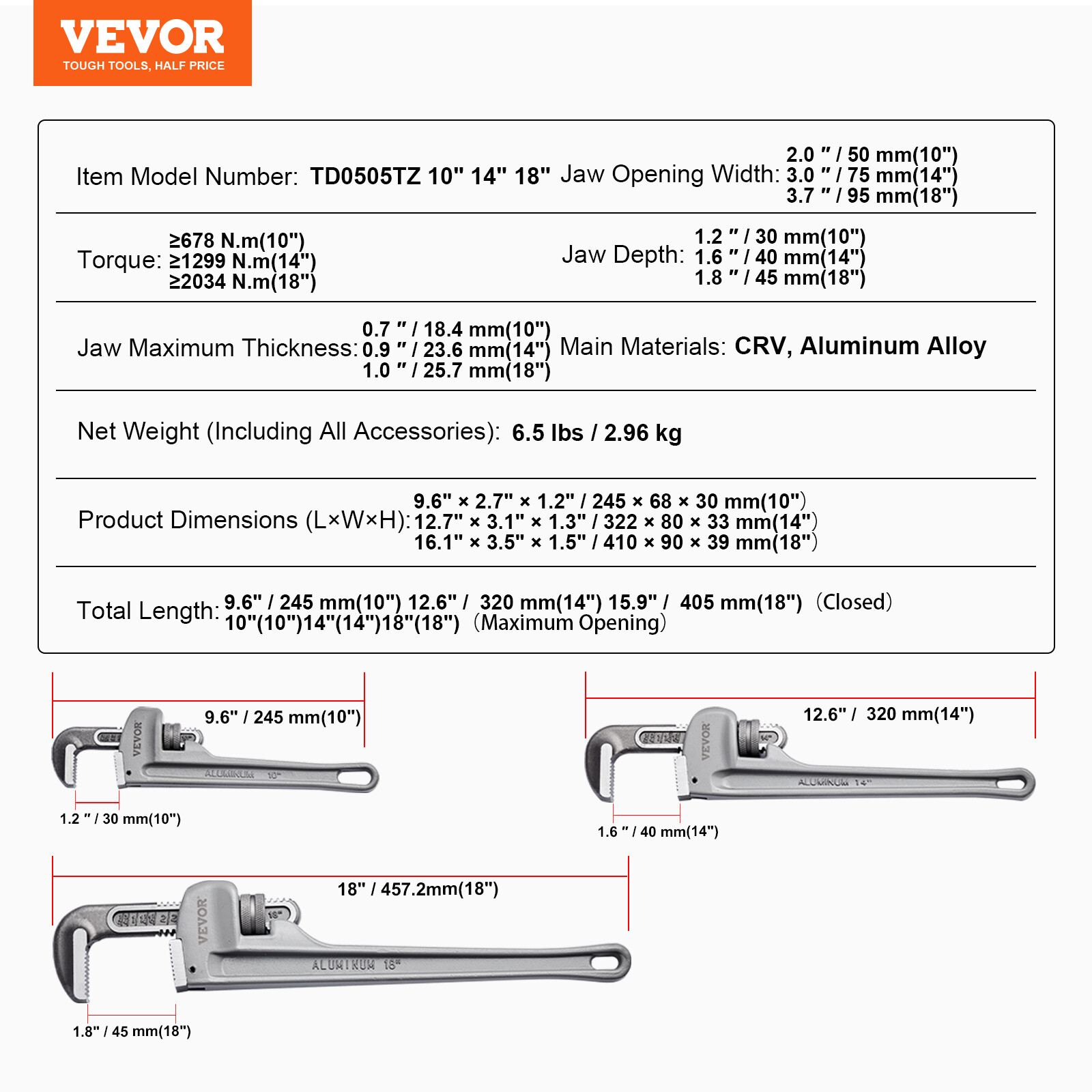 VEVOR 3PCS Aluminum Straight Pipe Wrench Set 10/14/18 in Plumbing Wrench CRV Jaw