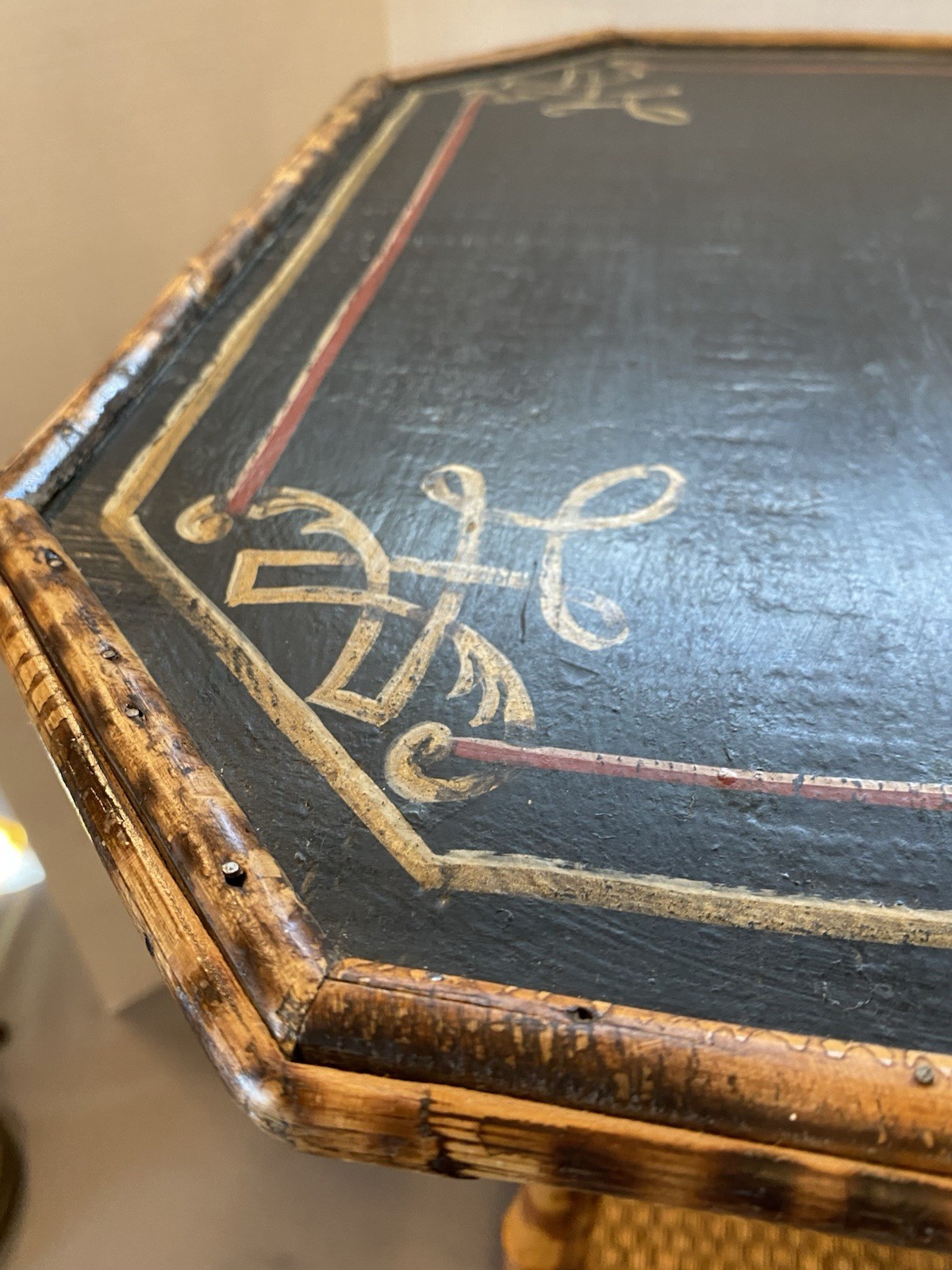 Antique 2 Tier Tiger Bamboo Side Table Victorian Aesthetic Painted Top **READ**