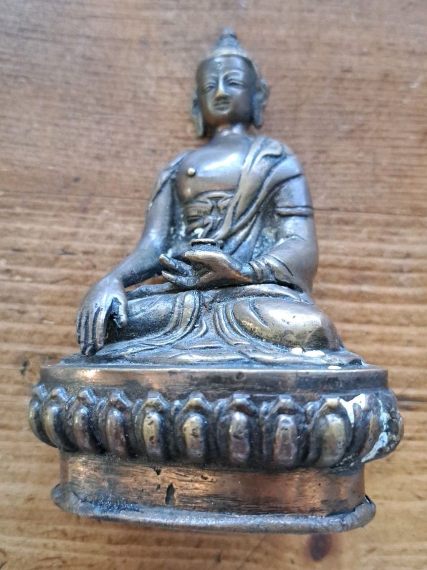 Vintage Handmade Tibetan Buddaha Figurine Bronze/Brass W/Copper Base 5"T