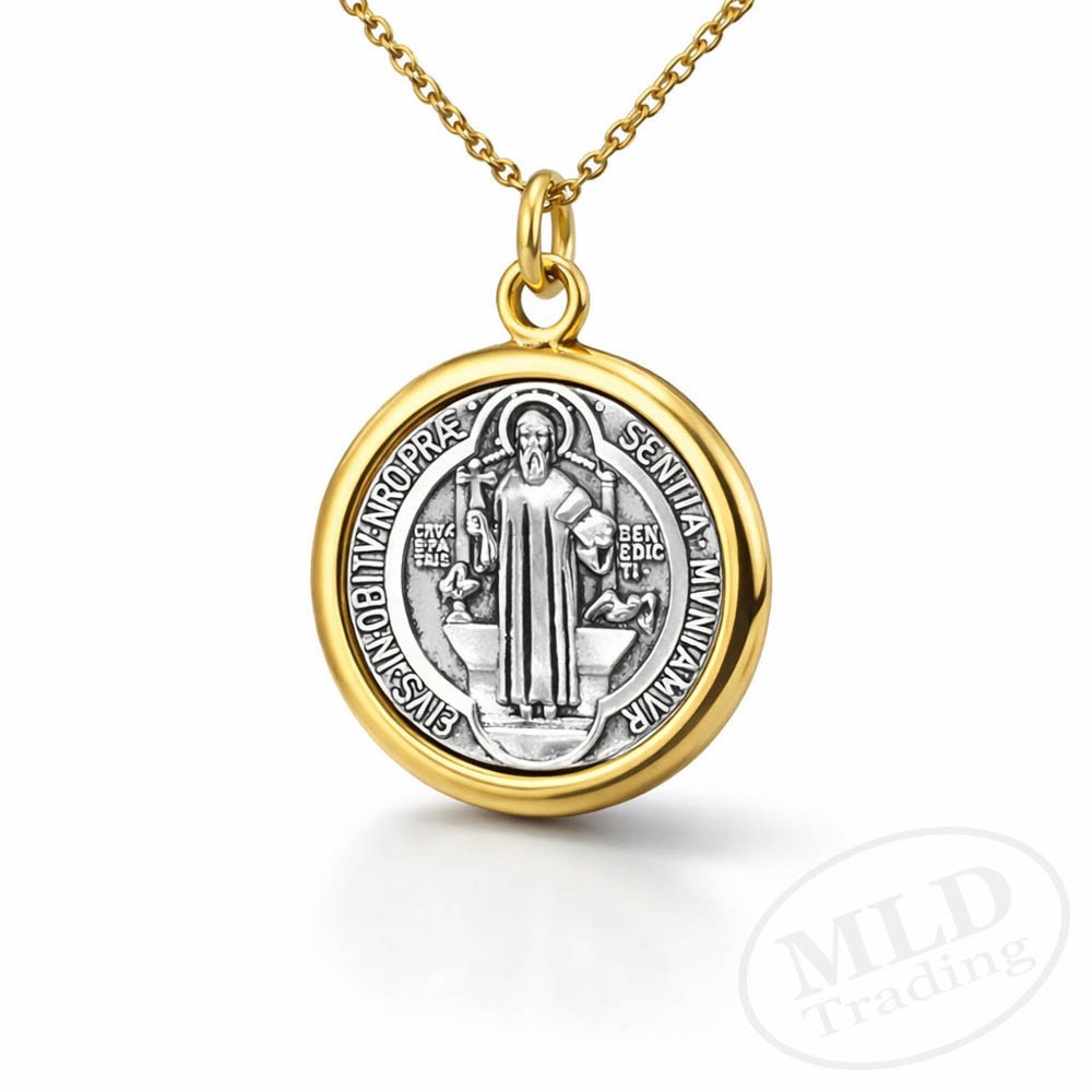 Saint St Benedict Medal Pendant Necklace – Gold Tone Border – 18”+2” Link Chain