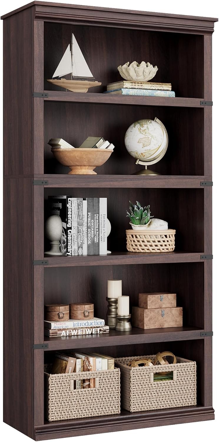 Cherry 5-Tier Wooden Bookcase with Open Display Shelves for Home Office